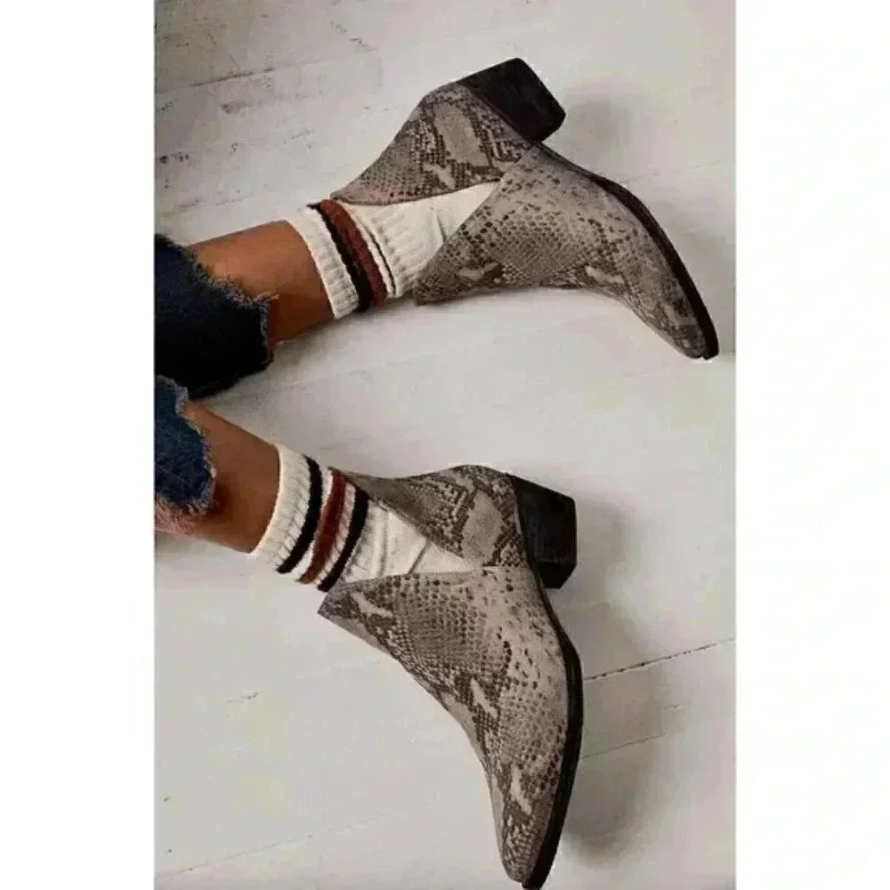 Free People Animal Charm Double V Ankle Boots in gray and white snakeskin